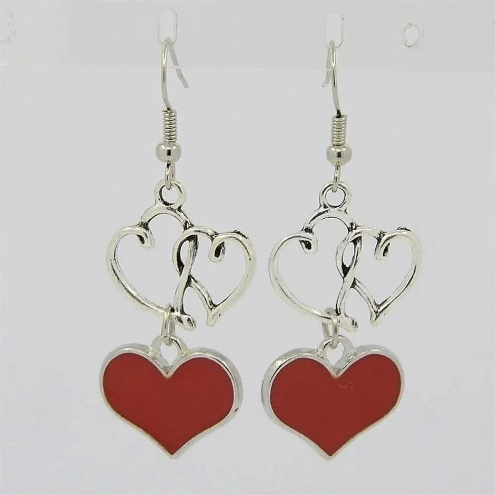 Interlocking Open Hearts Red Enamel Dangle Heart Silver Plated Earrings